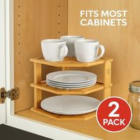 Rak Penyimpanan Piring Modular 3 Tingkat dari Bambu, 2 Paket, Dapat Ditumpuk, untuk Dapur & Kamar Mandi, Hemat Tempat
