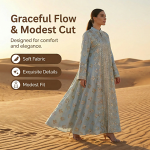 Vestido Maxi Musulmán Azul Polvo con Bordado para Eventos Festivos - Product Image 3