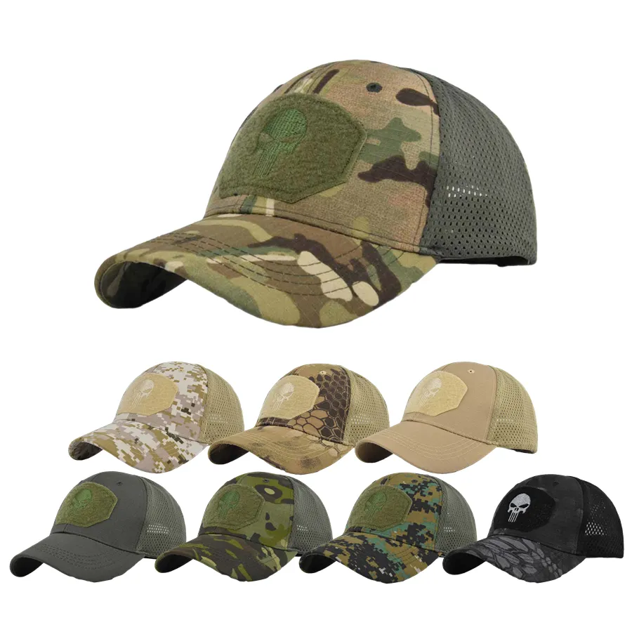 FF935 Skull Embroidered Camo Mesh Sports Caps Sun Shade Adjustable Trucker Hat Camping Hiking Camouflage Baseball Cap