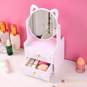 Wooden Cosmetic Storage Box With <b>Mirror</b> Desktop Makeup Organizer For Student Dormitory - Product Image 3