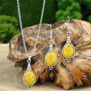 Ensemble de bijoux bohèmes pour femmes, collier et boucles d'oreilles en forme de goutte d'eau, alliage plaqué argent antique, ensemble tendance - Product Image 4