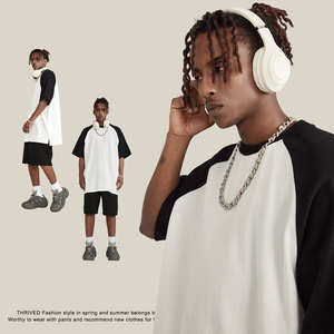 T-shirt en coton épais 260 GSM pour homme, manches courtes raglan, col rond, épaules color block estivales, coupe ample - Product Image 2