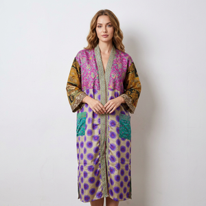 Bata térmica de seda con estampado paisley para mujer, cuello en V, manga larga, estilo kimono, ropa de dormir de moda para primavera - Product Image 1