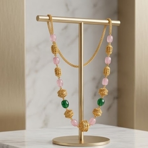 Antique 925 Silver <b>Necklace</b> with Pink and Green Beads Long Chain Mala <b>Statement</b> Jewelry for Women Wedding Party Wear - Product Image 2