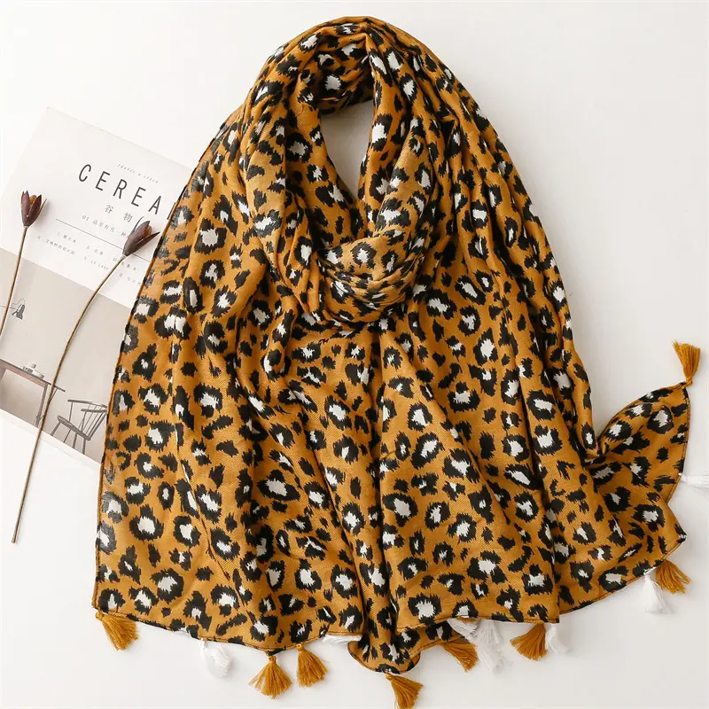 2023 yellow leopard print tassel scarf hijab