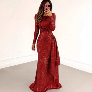<b>Red</b> <b>Sequined</b> Long Sleeve Evening Gown High Neck Wrap Tie Full Length Formal Dress - Product Image 1