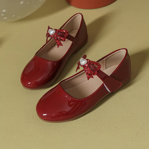 Factory Supply Kids Lacquered Pointed <b>Red</b> <b>Sequin</b> Bow Girl Dress Shoes - Product Image 3