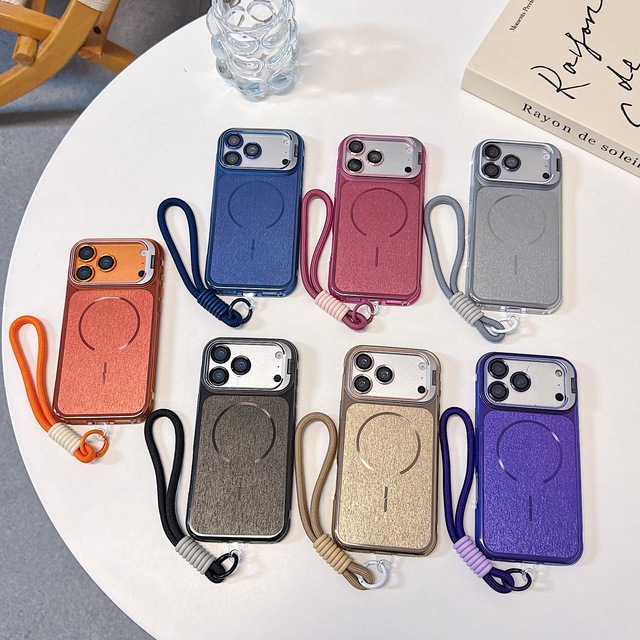 Wire Drawing Folding Kickstand Lens Film Magnetic Case for iPhone 12 13 14 15 16 17 Pro Max Wireless Charging Wrist Strap Cover