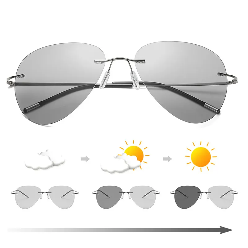 HBK — lunettes de soleil photochromiques polarisées en titane, sans bords, pour la conduite en plein air, UV400 PM0210