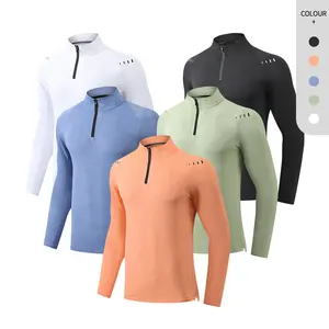 Men Gym half zip shirts Polo collar long sleeve shirts polyester highly quality training muscle shirts