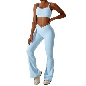 Women Yoga Set Ribbed High Waist Flared <b>Leggings</b> Spaghetti Strap <b>Crop</b> Top Solid Green Activewear 2 Piece Seamless Breathable - Product Image 4