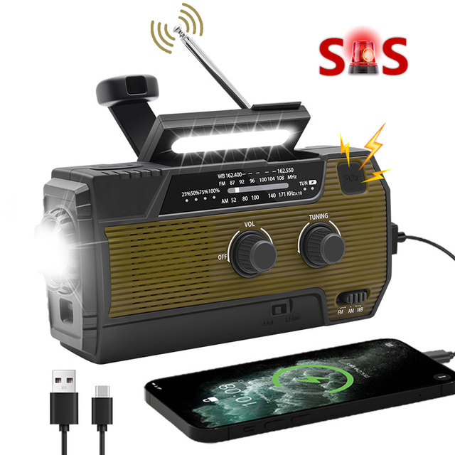 Emergency Solar Crank Powerbank 4000mah Smart Phone Charger with Solar Panel Radio & AM FM Includes Built-In Flashlight