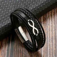 Bracelet pour homme en cuir tressé multicouche de haute qualité, charme symbole infini 8, fermoir magnétique en acier inoxydable, bracelet en cuir tissé