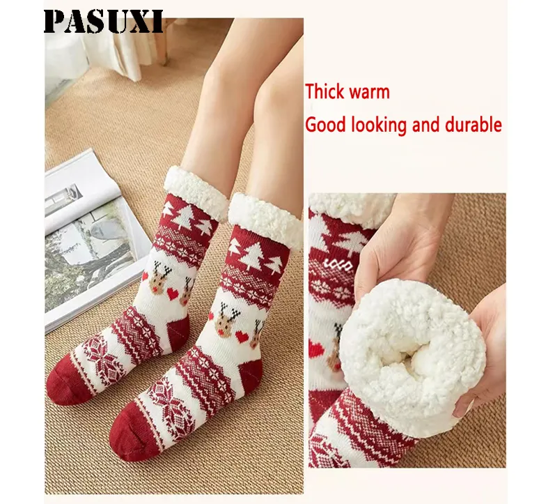 PASUXI Wholesale Winter Warm Thick Knit Jacquard Cozy Crew Vintage Style Socks Xmas Reindeer Moose Socks For Women