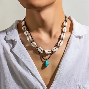 2024 New Double Layer Shell Bead Necklace Wax String Turquoise Pendant Beach Necklaces for Men and Boys