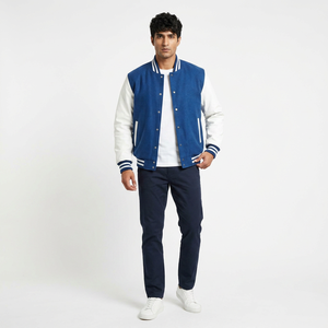 Custom Design <b>White</b> Cotton Stand Collar Black Cotton <b>Men's</b> College Baseball Winter Varsity <b>Jacket</b> Knitted Eco-Friendly - Product Image 1