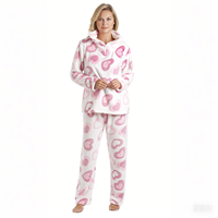 Pyjama décontracté en polaire pour femme, vêtement de nuit, vêtement de détente pour adulte, polyester, imprimé cœur rose
