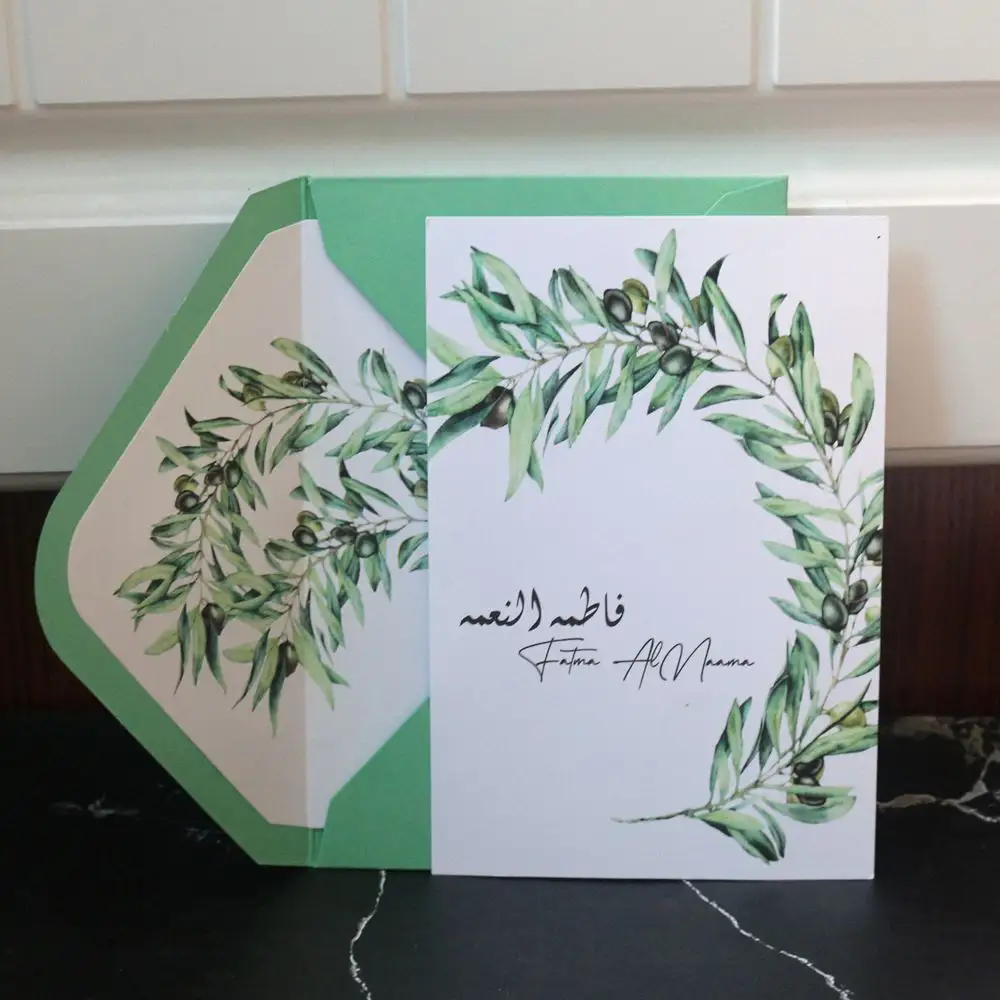 De estilo árabe negocio gracias tarjeta diseño personalizado deseando bien tarjeta con sobre verde y sello de cera