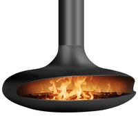 Cheminée décorative suspendue à alimentation alcoolique avec simulation de flamme 3D rotative, effet de brume de bois électronique et aspect bois.