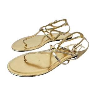 Sandales plates en cuir PU doré de haute qualité pour femme, style automne, à lanières, type tongs, avec fermeture à lacets, motif uni, semelle en caoutchouc - Product Image 1