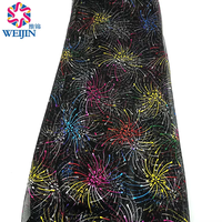 Tissu en maille warp en polyester doré imprimé feu d'artifice, design textile brillant pour vêtements, robes de scène et vêtements de nuit