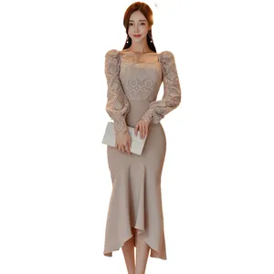 Benutzer definierte New Fishtail Kleid Square Neck Top Slim Fit Wrap Unregelmäßiges langes Kleid Fashion Set Herbst High Grade Lace Vintage Natural