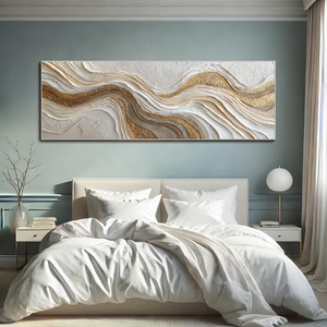 Peinture abstraite en plâtre à effet vague sur toile, grande, longue et large, blanche, or, argent, texturée, art mural panoramique de luxe avec feuille d'or - Product Image 5