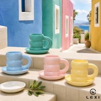Ensemble tasse et soucoupe en céramique Ring Stack, finition brillante, couleur menthe ciel blush, tasse à brunch pour table de terrasse en bord de mer LEXI