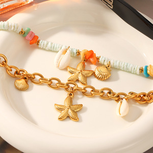 MW 새로운 해변 우정 Surfer18k 골드 스테인레스 스틸 팔찌 세트 불가사리 거북 매력 폴리머 클레이 비즈 팔찌 소녀를위한 - Product Image 4