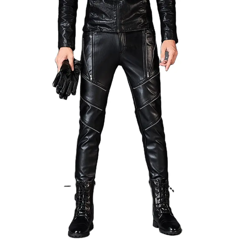 New arrival large size zipper decoration Gothic Stretch tight PU leather black pants men fitness trouser