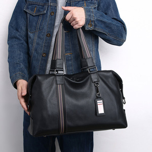 Sac de voyage pour homme, grande capacité, noir, en cuir véritable, sac à bandoulière pour voyage d'affaires avec fermeture à glissière - Product Image 2