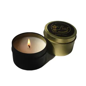 RTS Wholesale Private label Natural Soy wax Scented Massage Candles in Metal tins for Body Lotion and skin care