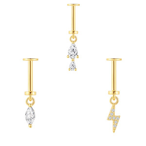 Clous de piercing en argent massif S925 de 6 mm, gouttes d'eau marquise, avec breloque éclair en zircon cubique 5A, à visser, dos plat - Product Image 1