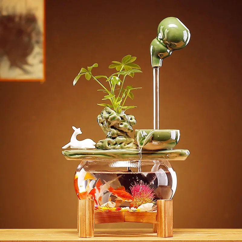 Home Office Living Room Desktop Circulation Flowing Ornament Ceramics Indoor Water Fountain With Glass Fish Tank Incense Holder