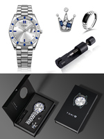 TOMI 4PCS Set Kotak Hadiah Jam Tangan Pria Bisnis Mewah dengan Casing Berlian Mewah, Kalender, Tali Baja Tahan Karat, Jam Tangan Quartz Pria