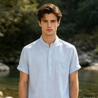 Chemise Polo Homme à Col Mandarin, Manches Courtes, Demi-Boutonnage, Style Henley, avec Poche, Coupe Ample, Manches Roulées, Décontractée, Tissée, pour l'Été