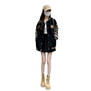 Women's Black Khaki Baseball Jacket Medium Thickness Woven Casual Loose College Style Spring Autumn Coat - Product Image 5