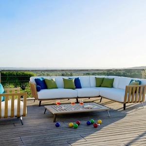 Ensemble de canapés de jardin en teck avec structure en aluminium, résistant aux intempéries, en forme de L, pour villa, cour, terrasse - Product Image 3