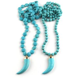 Collar de Moda para Mujer, Estilo Bohemio Tribal, con Piedra Turquesa Redonda Plana, Largo, con Nudo, Colgante de Cuerno de Buey - Product Image 1