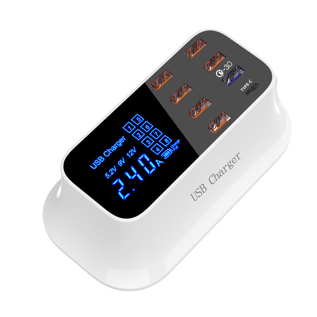 QC3.0 12W Smart USB Type-C 7-Port LED Display Fast Charging CE/FCC/RoHS Certified White 1.5m Cable Desktop Strip Mobile Adapter