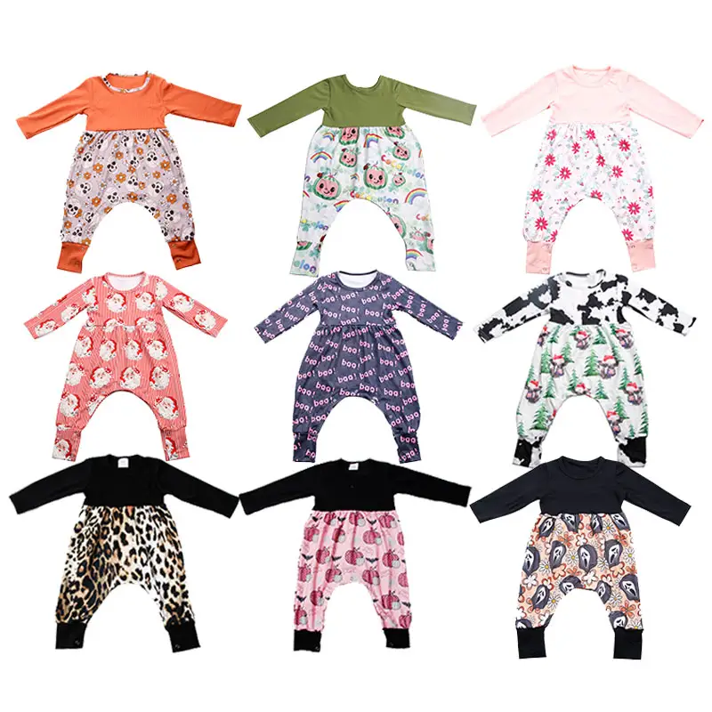 Yürümeye başlayan popüler tarzı pamuk malzeme uzun kollu tulum yuvarlak boyun gevşek tasarım bebek rahat giysiler