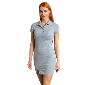 New product button polo dress for women short sleeve cotton breathable grey custom logo tight dresses women casual