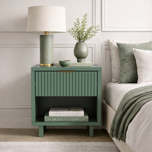 Sage Green Nightstand With Vertical Panel Door And Open <b>Shelf</b> Storage For Bedroom Use - Product Image 3
