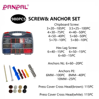 Kit de fixation assorti 980 pièces : Vis pour aggloméré, Vis de fixation hexagonales, Chevilles en nylon PE, Vis à tête cruciforme, Capuchons de fixation