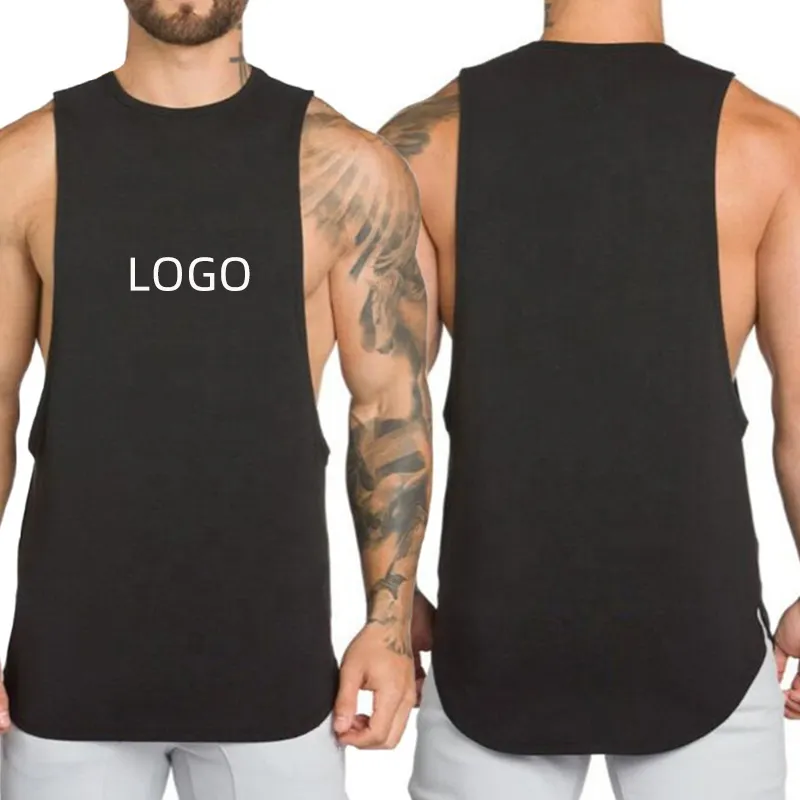 Wholesale Solid Black Bodybuilding Fitted Top Tank Stringer Vest Custom Print Logo Sport Workout Gym Tank Top For Men