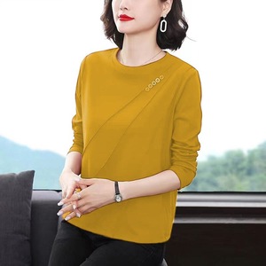 Women's Long Sleeve T-Shirt Yellow Round Neck Loose Fit Autumn Spring Base <b>Layer</b> <b>Top</b> For Mothers - Product Image 4