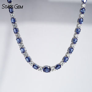 สร้อยคอหรูหรา Starsgem ชุบทอง 14K ประดับด้วยแซฟไฟร์สังเคราะห์ทรงรี 48 กะรัต และมอยส์ซาไนต์ สีน้ำเงินรอยัล สำหรับงานปาร์ตี้ - Product Image 1