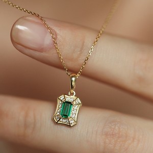 Geometric <b>Emerald</b> Zircon Pendant <b>Necklace</b> Golden Bezel Setting Women's Everyday Wear - Product Image 1