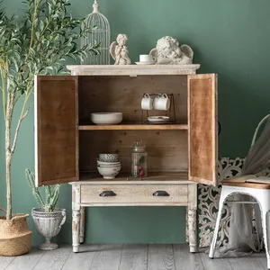 Storage Sideboard INNOVA Living Room Accent Solid Wood Cabinet 2 Doors 1 Drawers Pastoral Vintage Distressed White Paint Storage Decor Sideboard