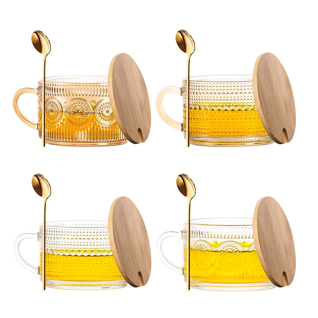 14oz tazze di vetro goffrato trasparente Vintage tazze da caffè per la notte contenitori di avena con coperchi e cucchiai di bambù